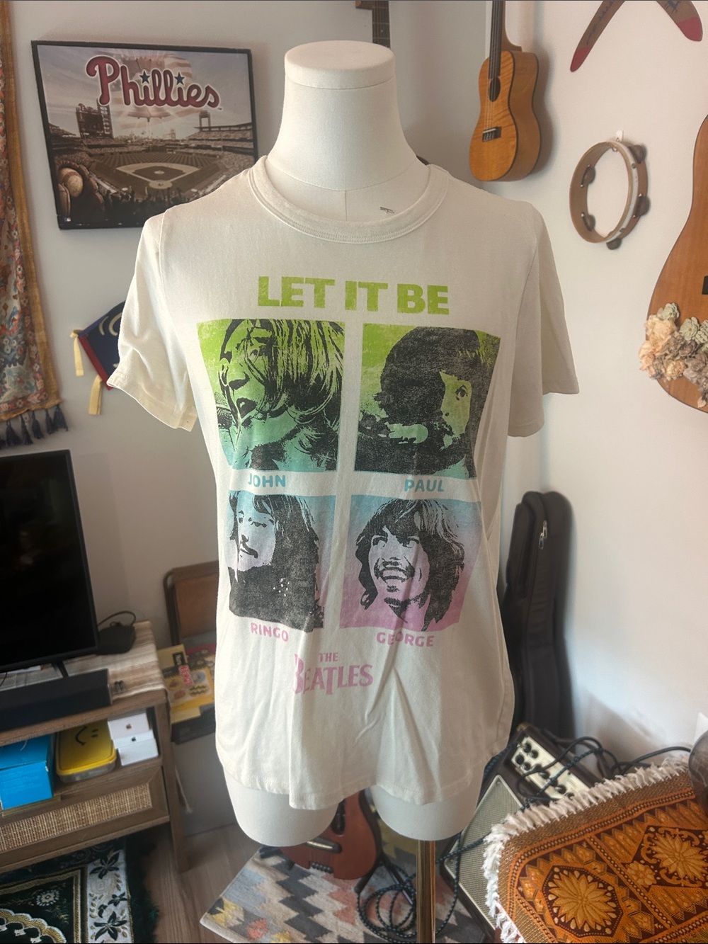 The Beatles Let It Be Short Sleeve Tee - Cream with Green, Blue, Pink, Black